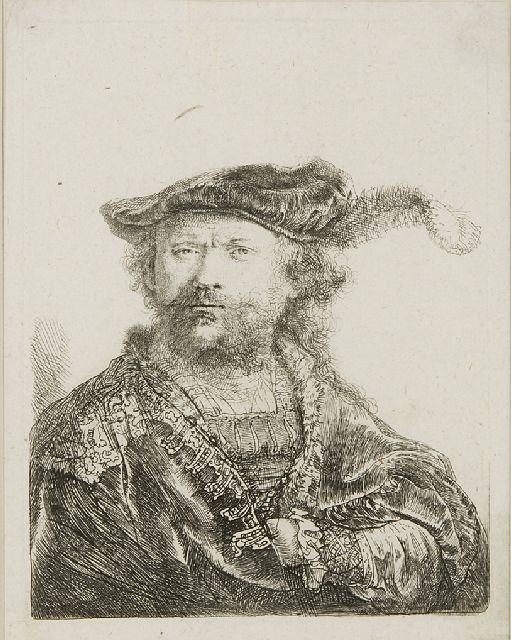 Rembrandt | Zelfportret met gepluimde fluwelen baret, ets op papier, 13,5 x 10,4 cm