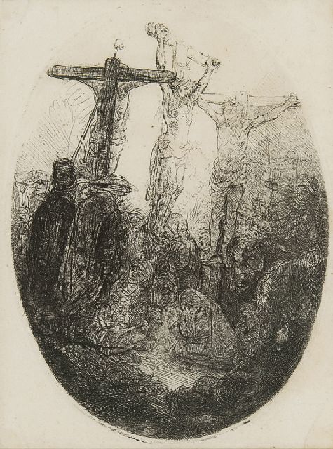 Rembrandt | De gekruisigde Christus tussen de twee dieven, ets, 13,3 x 10,4 cm