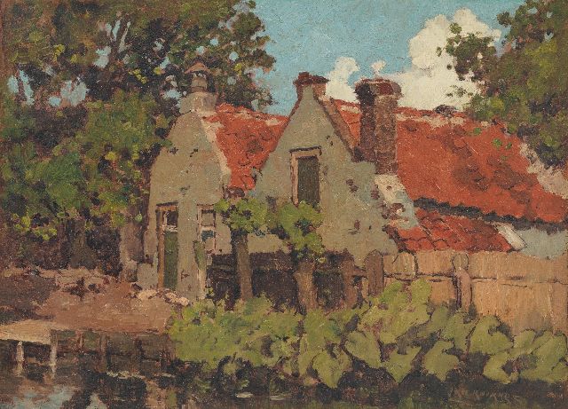 Jan Knikker sr. | Huisjes aan het water, olieverf op paneel, 26,3 x 36,8 cm, gesigneerd r.o.