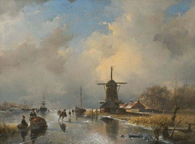 Andreas Schelfhout | Bevroren rivier met ingevroren schepen en schaatsers bij een molen, olieverf op paneel, 35,6 x 47,0 cm, gesigneerd r.o. en te dateren ca. 1840