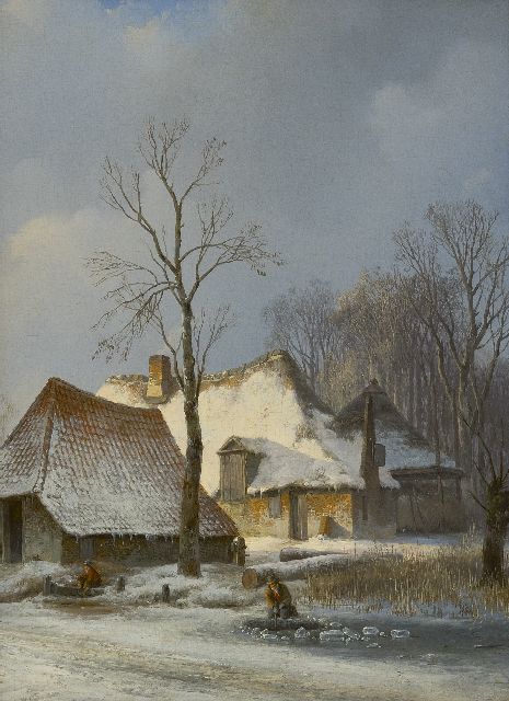 Andreas Schelfhout | Winterse boerderij met schaatser en ijsvisser, olieverf op paneel, 30,8 x 23,0 cm, te dateren ca. 1825