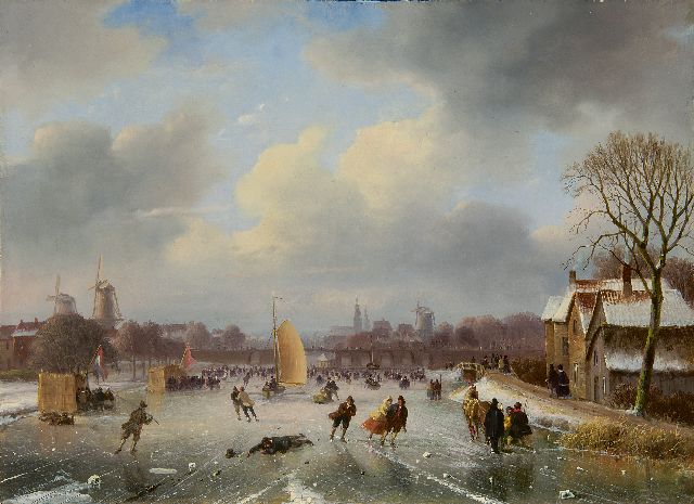 Nicolaas Roosenboom | Winterpret met ijszeilboot en schaatsers, olieverf op paneel, 29,5 x 40,4 cm, gesigneerd l.o.