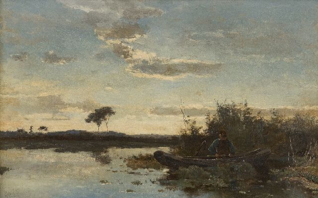 Constan Gabriel | Hengelaar in een roeiboot bij zonsondergang, olieverf op doek, 29,4 x 45,9 cm, gesigneerd l.o.