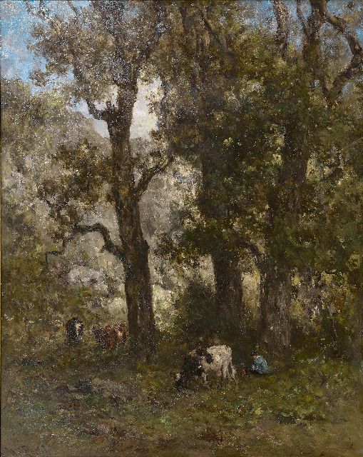 Willem Roelofs | Herder met koeien in het bos, olieverf op paneel, 56,1 x 45,8 cm, gesigneerd l.o.
