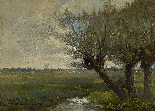 Jan Hendrik Weissenbruch | Knotwilgen in een polderlandschap, olieverf op doek, 17,3 x 24,8 cm, gesigneerd l.o. en gedateerd '75