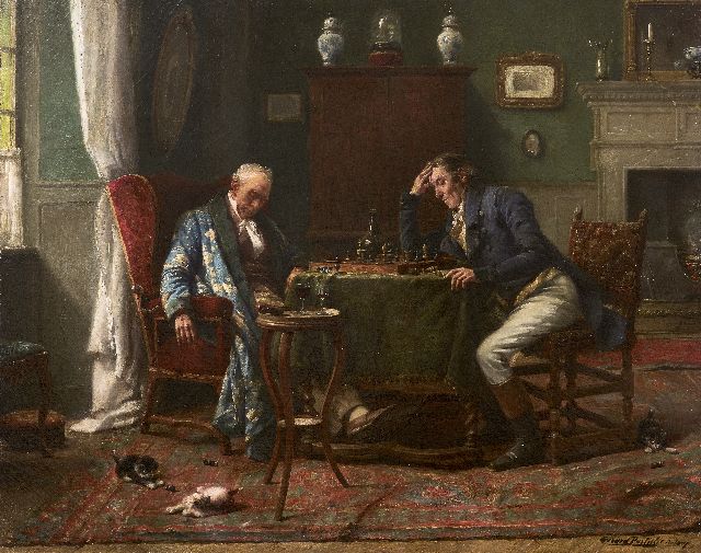 Portielje G.J.  | Bij het schaakspel is het wakker blijven, olieverf op doek 46,7 x 58,5 cm, gesigneerd r.o.