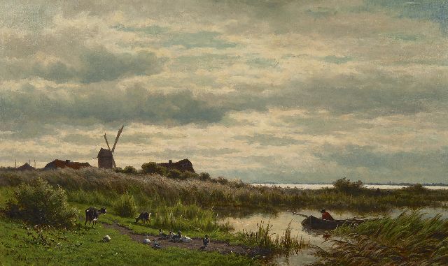 Adrianus van Everdingen | Hollands plaslandschap met visser, olieverf op doek, 45,1 x 75,6 cm, gesigneerd l.o.