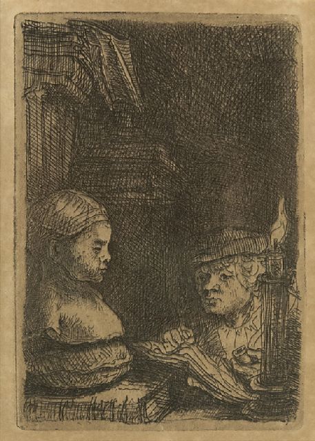 Rembrandt | Man tekenend naar een gipsmodel, ets op papier, 9,3 x 6,3 cm