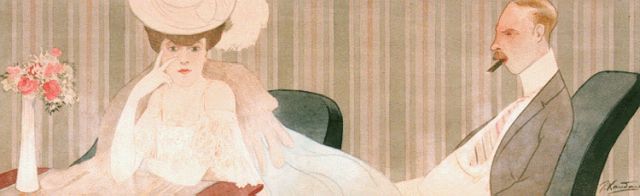 Joaquin Xaudaro | Modieuze vrouw met haar echtgenoot, aquarel op papier, 20,7 x 64,7 cm, gesigneerd r.o.