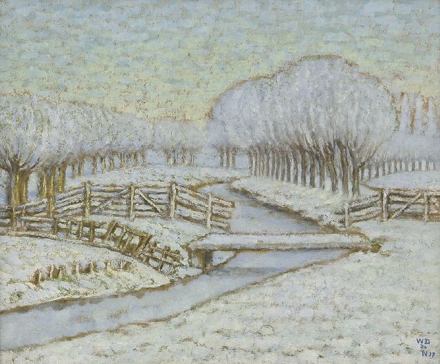 William Degouve de Nuncques | Bomenrij in Hollands sneeuwlandschap, olieverf op board, 31,3 x 37,7 cm, gesigneerd r.o. met initialen en gedateerd '17