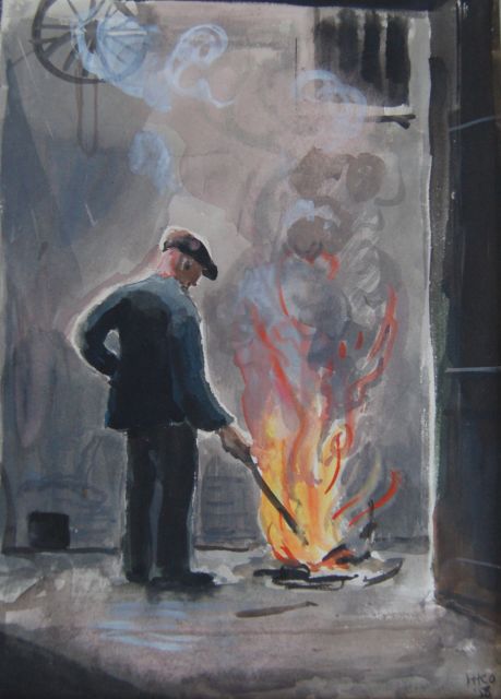 Harm Kamerlingh Onnes | Werkman bij een vuur, aquarel op papier, 28,0 x 19,0 cm, gesigneerd r.o. met monogram en gedateerd '58