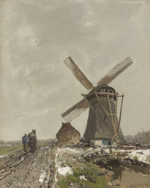 Louis Apol | Einde van de winter: ploegende boer bij een poldermolen, olieverf op doek, 52,3 x 42,0 cm, gesigneerd r.o.