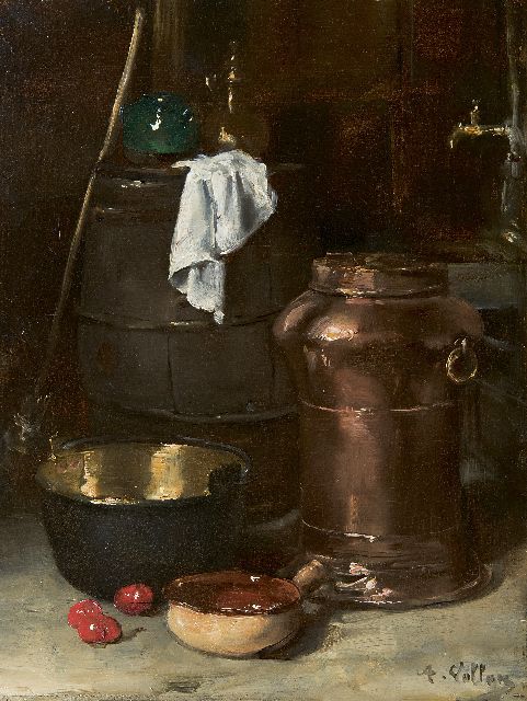 Antoine Vollon | Stilleven met koperen vat en kookpot, olieverf op paneel, 32,3 x 24,3 cm, gesigneerd r.o.