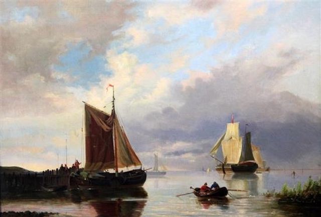 George Henry Hendriks | Zeilschepen op kalme zee, olieverf op doek, 43,0 x 61,0 cm, gesigneerd r.o.