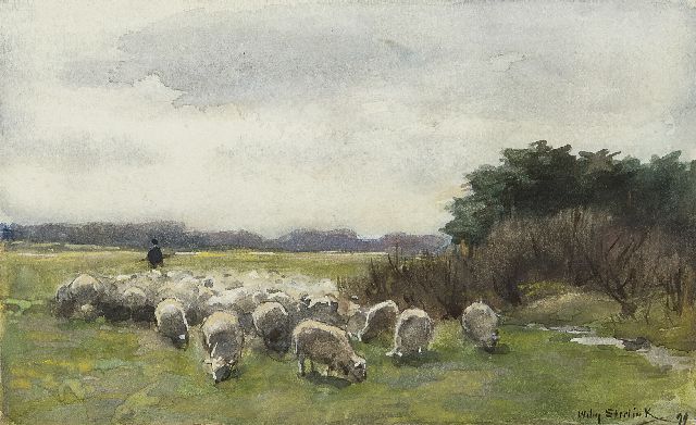 Willem Steelink jr. | Herder met zijn schapen, aquarel op papier, 10,1 x 16,5 cm, gesigneerd r.o. en gedateerd '99