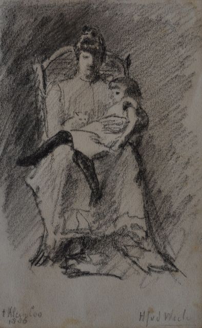 Weele H.J. van der | Moeder poes en kind; portret van de echtgenote van de schilder en hun dochter, houtskool op papier 17,4 x 10,9 cm, gesigneerd r.o. en gedateerd 1886