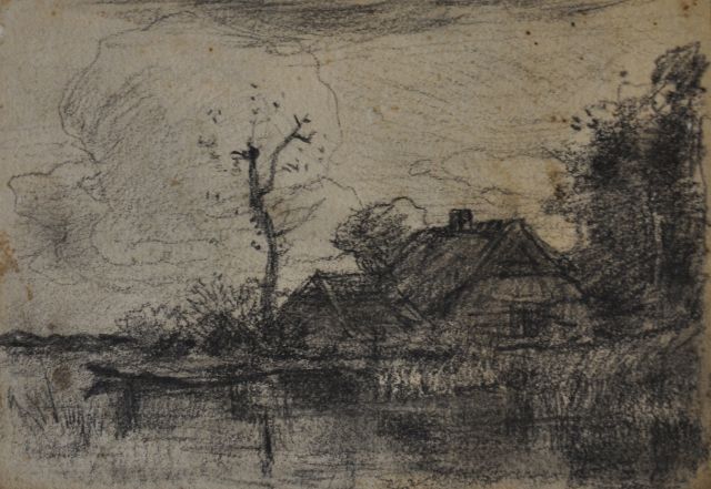 Willem Bastiaan Tholen | Boerderij in plaslandschap i.o., houtskool op papier, 10,1 x 15,1 cm