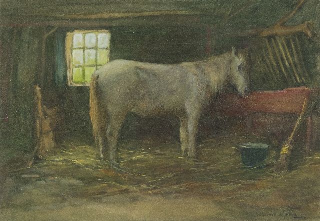 Jong A.G. de | Schimmel in een stal, aquarel op papier 13,6 x 19,6 cm, gesigneerd r.o.