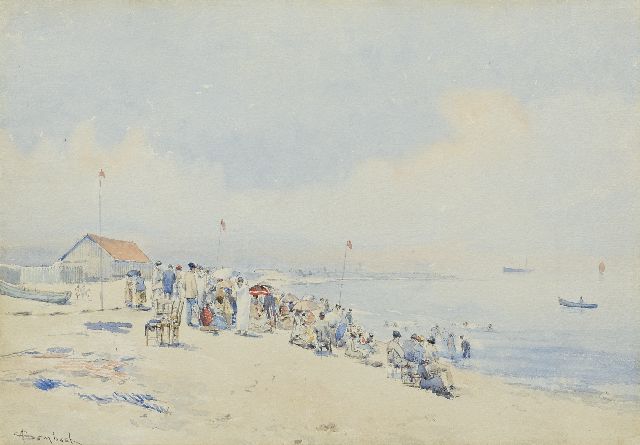 Auguste Ernest Sembach | Zondag op het strand aan de Belgische kust, aquarel op papier, 27,6 x 39,1 cm, gesigneerd l.o.