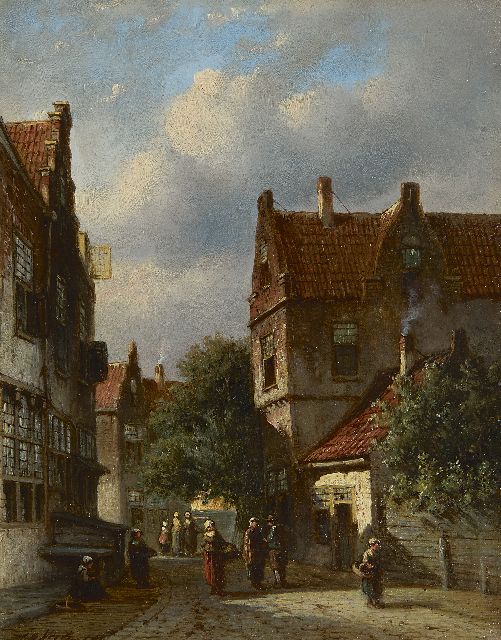 Petrus Gerardus Vertin | Hollands straatje met figuren, olieverf op paneel, 23,6 x 18,6 cm, gesigneerd l.o.
