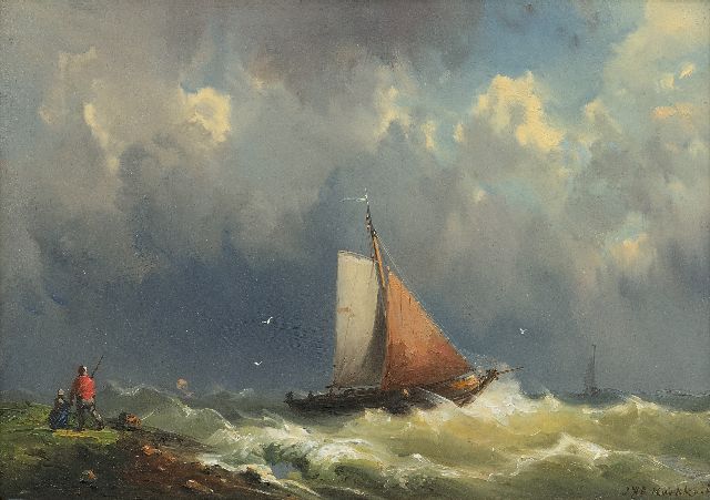 Jan H.B. Koekkoek | Zeilschepen op ruwe zee, olieverf op paneel, 23,1 x 32,7 cm, gesigneerd r.o.