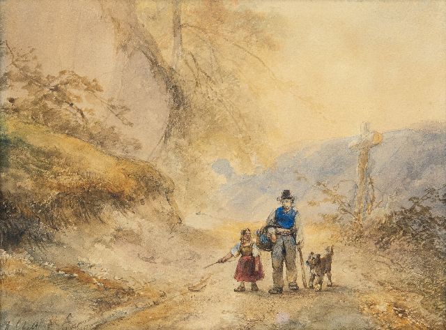 Schelfhout A.  | Wandelaars met hond op een landweg, potlood en aquarel op papier 23,3 x 30,5 cm, gesigneerd l.o.