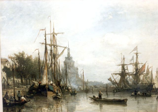 Johan Barthold Jongkind | De haven van Rotterdam bij de oude Delftse hoofdpoort, olieverf op doek, 42,3 x 56,5 cm, gesigneerd l.o. en gedateerd '56