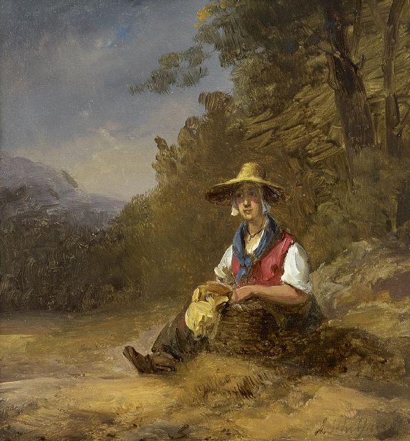Andreas Schelfhout | Rustende boerenvrouw met tenen mand, olieverf op paneel, 16,8 x 15,5 cm, gesigneerd r.o.
