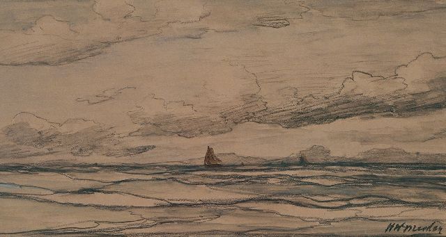 Hendrik Willem Mesdag | Zee met bomschuiten in de verte, zwart krijt op papier, 18,0 x 34,2 cm, gesigneerd r.o.