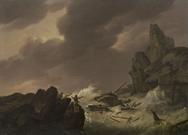 Johannes Hermanus Koekkoek | Schipbreuk voor de kust, olieverf op paneel, 34,1 x 47,7 cm, gesigneerd m.o. en te dateren ca. 1810