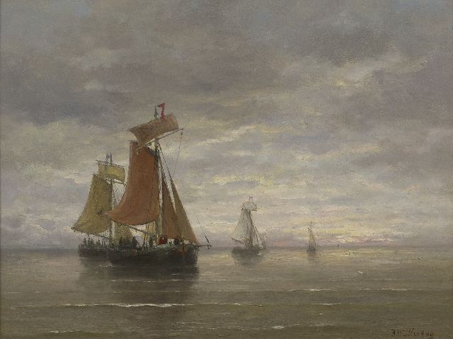 Hendrik Willem Mesdag | Bomschuiten op kalme zee, olieverf op paneel, 39,5 x 51,0 cm, gesigneerd r.o.