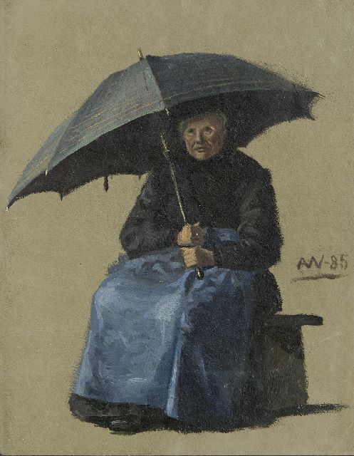Wengberg A.E.  | Een vrouw zittend onder een paraplu, olieverf op papier op board 33,5 x 26,0 cm, gesigneerd r.m. met monogram en gedateerd '85