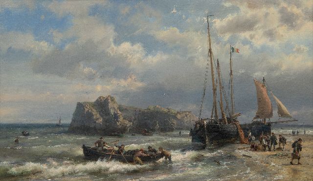 Hermanus Koekkoek | Schepen en vissers aan de Franse kust, olieverf op doek, 45,1 x 76,7 cm, gesigneerd r.o.
