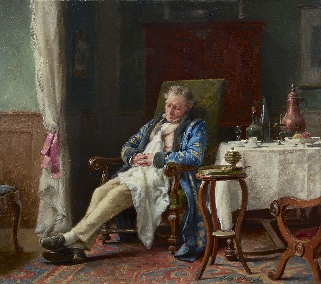'Gerard' Joseph Portielje | Een dutje na de maaltijd, olieverf op paneel, 24,1 x 27,3 cm, gesigneerd r.o.