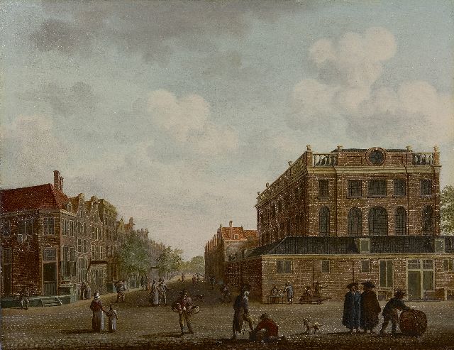 Renard F.T.  | De Portugese Synagoge gezien vanuit de Jodenbreestraat in Amsterdam, olieverf op paneel 33,8 x 43,8 cm, eind 18e eeuw