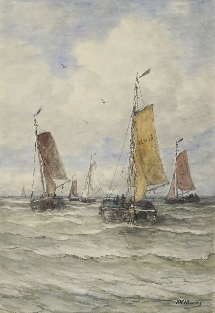 Hendrik Willem Mesdag | Het uitvaren van de vissersvloot, Scheveningen, aquarel op papier, 76,6 x 52,2 cm, gesigneerd r.o.