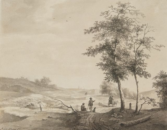 Andreas Schelfhout | Reizigers in een heuvellandschap, pen, penseel en inkt op papier, 26,6 x 33,7 cm, gesigneerd l.o.