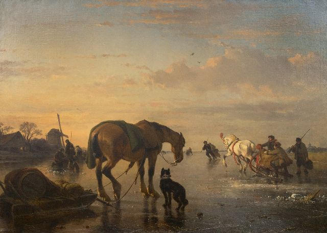 Joseph Moerenhout | Paarden en sledes op het ijs, olieverf op doek, 85,0 x 118,5 cm, gesigneerd r.o.
