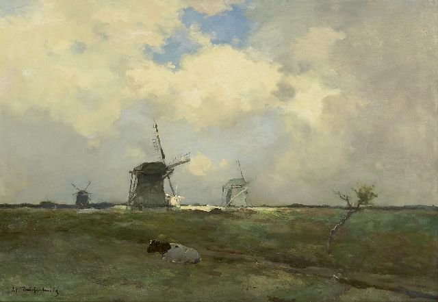 Jan Hendrik Weissenbruch | Molens in een polderlandschap, olieverf op doek, 57,2 x 83,3 cm, gesigneerd l.o.