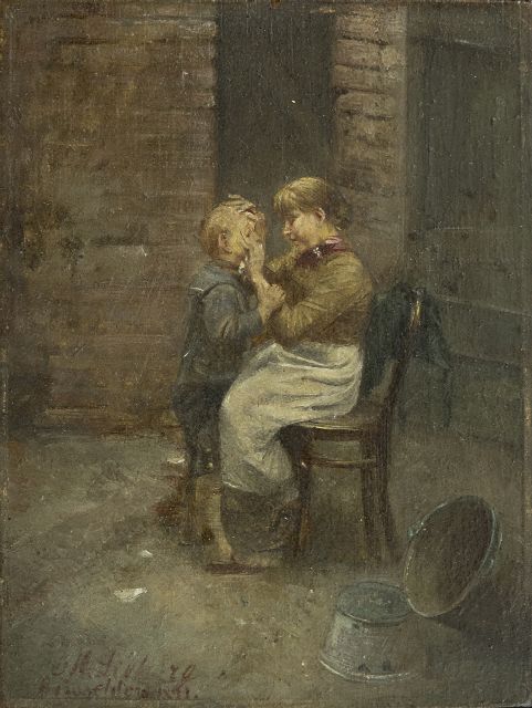Lieberg M.  | Moeders goede zorg, olieverf op paneel 12,0 x 9,0 cm, gesigneerd l.o. en 'Düsseldorf' 1891