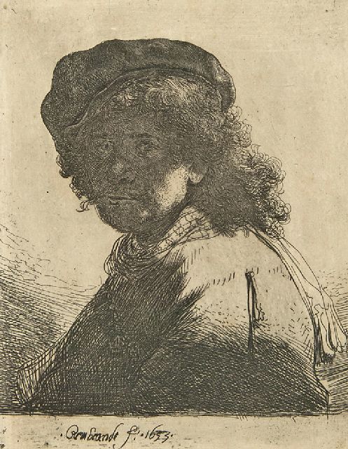 Rembrandt (Rembrandt Harmensz. van Rijn)   | Zelfportret met baret en halsdoek, ets op papier 13,2 x 10,3 cm, gesigneerd m.o. in de plaat en gedateerd 1633 in de plaat