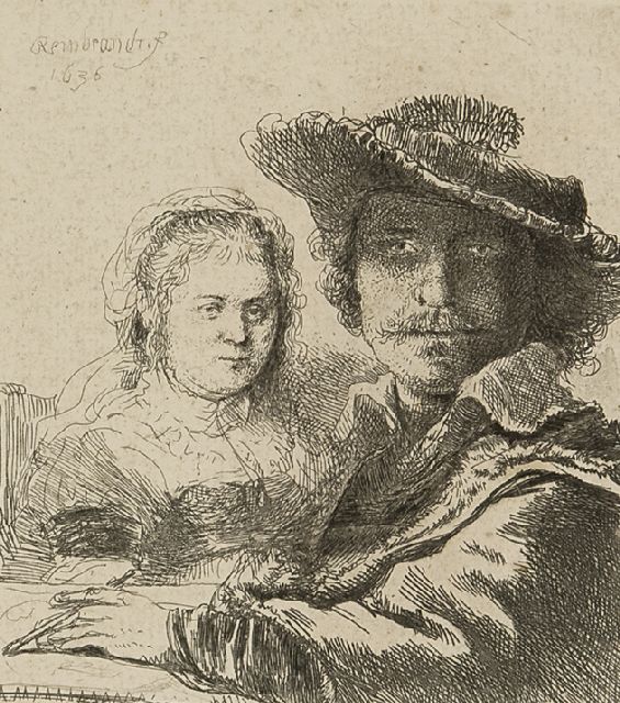Rembrandt | Zelfportret met Saskia, ets op papier, 10,5 x 9,4 cm, gesigneerd l.b. in de plaat en gedateerd 1636 in de plaat
