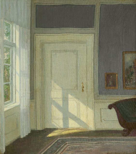 William Henriksen | Interieur met zonlicht, olieverf op doek, 33,7 x 30,1 cm, gesigneerd r.o.