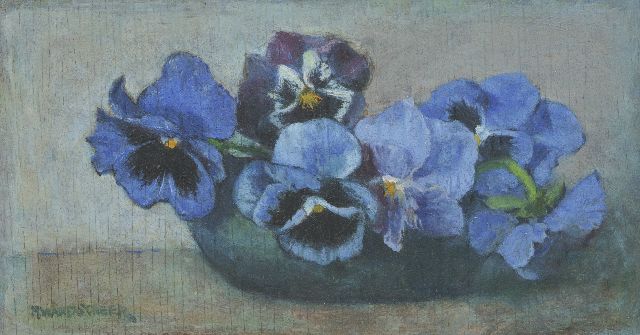Marie Wandscheer | Blauwe violen, olieverf op paneel, 13,4 x 24,4 cm, gesigneerd l.o.