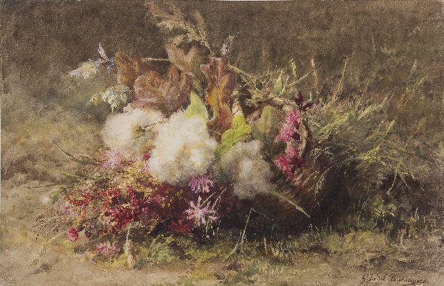 Gerardine van de Sande Bakhuyzen | Herfstboeket in mandje op de bosgrond, aquarel op papier, 33,8 x 52,3 cm, gesigneerd r.o.