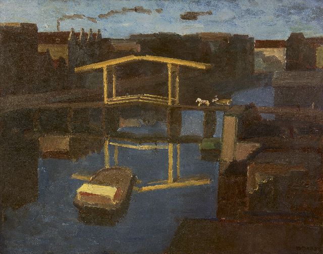 Kees Maks | De ophaalbrug (uitzicht uit het atelier van de schilder op het Prinseneiland, Amsterdam), olieverf op doek, 79,4 x 100,0 cm, gesigneerd r.o.