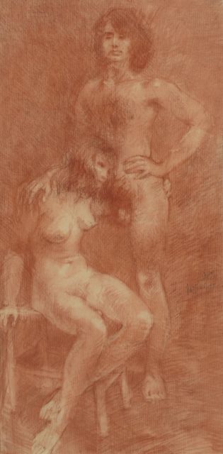Harry Maas | Man en vrouw, rood krijt op papier, 61,3 x 30,5 cm