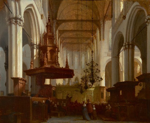 Jan Jakob Schenkel | In de Nieuwe Kerk te Amsterdam, olieverf op paneel, 30,5 x 36,8 cm, gesigneerd r.o.