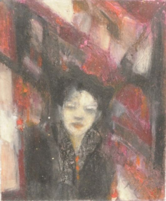Liliana Desrets | Soledad, oliepastel op papier, 16,7 x 13,7 cm, gesigneerd r.o. en verso op etiket en gedateerd '08 en verso op etiket 2009