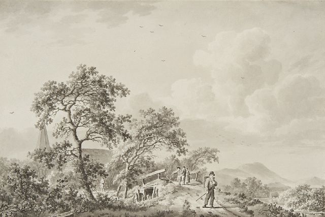 Barend Cornelis Koekkoek | Wandelaars bij een dorpje, pen, penseel en inkt op papier, 17,5 x 26,0 cm, gesigneerd l.o.
